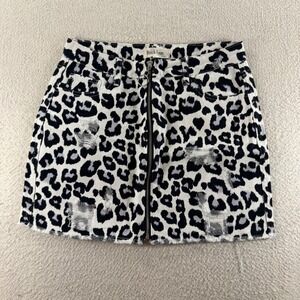 Peach Love Leopard Print Denim Mini Skirt Womens Size M White Black Zip Edgy Y2K